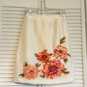 Vintage Cream Pencil Skirt with Coral and Green Floral Print